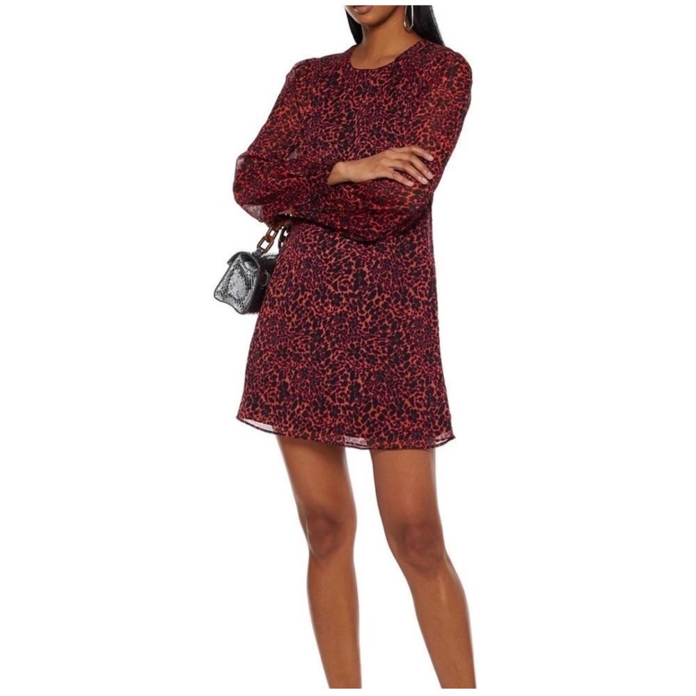 Walter Baker Long Sleeve Mini Dress Red Black XS Smocked Back Animal‎ Print